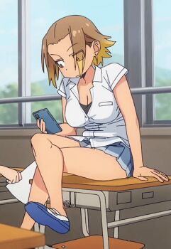 1girl 2025 20s animated animated_gif black_bra blonde_hair blue_skirt blush bra bra_peek breasts brown_eyes brown_hair cellphone cleavage collarbone collared_shirt earrings fang gradient_hair iphone jewelry kasamaru_aoi large_breasts multicolored_hair parted_bangs partially_unbuttoned phone ruri_no_houseki school_uniform shirt shoes short_hair short_sleeves sitting sitting_on_table skirt smartphone summer_uniform tagme text_messaging underwear white_shirt window