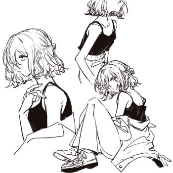 1girl alternate_costume bare_arms breasts camisole closed_mouth collarbone commentary cowboy_shot daikon_daikon from_side full_body greyscale hair_between_eyes half_updo jacket looking_at_viewer looking_to_the_side monochrome multiple_views off_shoulder official_alternate_hair_length official_alternate_hairstyle pants profile project_sekai shoes short_hair sidelocks sideways_glance simple_background sitting small_breasts spaghetti_strap symbol-only_commentary upper_body white_background yoisaki_kanade zozotown