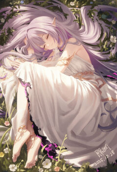 1girl absurdres alternate_costume ancient_greek_clothes armlet artist_name bare_shoulders barefoot breasts castorice_(honkai:_star_rail) closed_eyes closed_mouth commentary_request dated dress feet full_body geduan greco-roman_clothes hair_spread_out hand_up highres honkai:_star_rail honkai_(series) jewelry long_hair long_pointy_ears lying medium_breasts on_side pointy_ears purple_hair sleeping solo toes very_long_hair white_dress