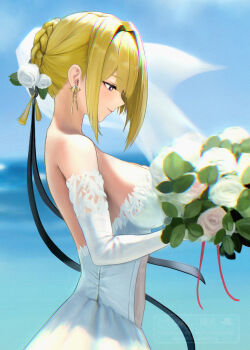 1girl bare_shoulders blonde_hair bouquet braid braided_bun breasts closed_mouth commentary dress earrings elbow_gloves english_commentary evelyn_chevalier flower from_side gloves hair_bun hair_flower hair_ornament highres holding holding_bouquet jewelry large_breasts mixed-language_commentary outdoors profile purple_eyes rose short_hair sideboob smile solo strapless strapless_dress torjun_111 wedding_dress white_flower white_gloves white_rose zenless_zone_zero