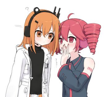 2girls ? a.i._voice adachi_rei black_shirt detached_sleeves drill_hair grey_shirt hand_up headset highres jacket kasane_teto long_sleeves medium_hair multiple_girls open_clothes open_jacket orange_eyes orange_hair red_eyes red_hair shirai_sahuni shirt simple_background sleeveless sleeveless_shirt twin_drills upper_body utau whispering_in_ear white_background white_jacket