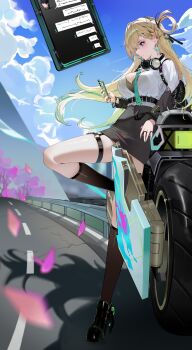 1girl absurdres aqua_necktie black_bra black_shoes black_socks blonde_hair blue_sky bra breasts cloud earrings floating_hair headphones headphones_around_neck highres jewelry knee_up large_breasts leaning_against_vehicle lynae_(wuthering_waves) maanu male_rover_(wuthering_waves) motor_vehicle motorcycle necktie pencil_skirt rover_(wuthering_waves) shirt shirt_tucked_in shoes skirt sky socks solo star_(symbol) star_earrings underwear white_shirt wuthering_waves