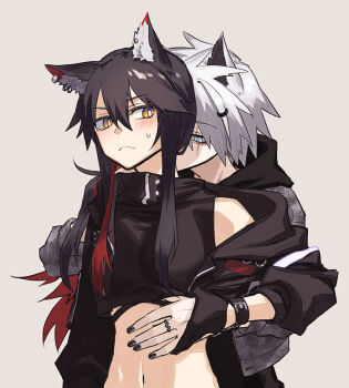 2girls animal_ear_piercing animal_ears arknights black_hair black_nails black_shirt blue_eyes breasts bright_pupils frown grey_background grey_jacket hair_between_eyes hug hug_from_behind jacket kuroda_(nanchara_flight) lappland_(ambience_synesthesia)_(arknights) lappland_(arknights) long_hair midriff multicolored_hair multiple_girls navel official_alternate_costume open_clothes open_jacket red_hair scar scar_across_eye scar_on_face shirt short_hair simple_background small_breasts streaked_hair sweatdrop texas_(ambience_synesthesia)_(arknights) texas_(arknights) white_hair white_pupils wolf_ears wolf_girl yellow_eyes