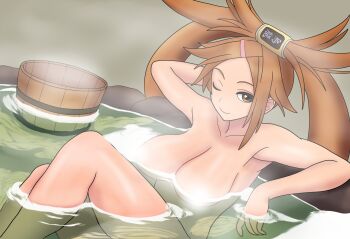 Rule 34 | 1girl, arm behind head, armpits, bathing, bojack198, breasts, brown eyes, brown hair, bucket, completely nude, from side, green background, guilty gear, hair rings, highres, knees up, kuradoberi jam, large breasts, long hair, looking at viewer, nude, one eye closed, onsen, single hair ring, smile, solo, steam, wooden bucket