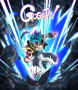 1boy absurdres baggy_pants bakarott black_boots boots character_name clenched_hands cropped_vest dragon_ball dragon_ball_super dragon_ball_super_broly furrowed_brow gogeta highres looking_at_viewer male_focus metamoran_vest muscular muscular_male no_shirt pants parted_lips pectorals smile solo spiked_hair super_saiyan super_saiyan_blue toriyama_akira_(style) vest white_pants