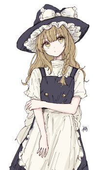 1girl apron black_hat black_skirt black_vest blonde_hair bow braid buttons closed_mouth commentary frilled_apron frilled_bow frilled_hat frills hair_between_eyes hand_on_own_arm hat hat_bow highres kashiwada_kiiho kirisame_marisa long_hair shirt signature simple_background single_braid skirt solo touhou turtleneck turtleneck_shirt vest waist_apron white_apron white_background white_shirt witch witch_hat yellow_eyes