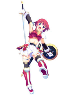 Rule 34 | arm up, armor, blue eyes, boots, buckler, gloves, karen (yuusha 30), knee boots, kuuchuu yousai, leg up, looking at viewer, lowres, midriff, official art, red hair, shield, short hair, shoulder guard, skirt, sword, thigh strap, weapon, yuusha 30