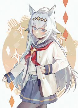 Rule 34 | 1girl, ahoge, animal ears, black pantyhose, blue eyes, blue sailor collar, blue skirt, blush, brooch, closed mouth, commentary request, cowboy shot, diamond (shape), ear ornament, grey hair, grey tail, highres, horse ears, horse girl, horse tail, jewelry, long hair, long sleeves, looking at viewer, midriff, multicolored hair, neckerchief, oguri cap (starlight beat) (umamusume), oguri cap (umamusume), pantyhose, pleated skirt, red neckerchief, sailor collar, sailor shirt, shirt, skirt, solo, sparkle, sparkling aura, star brooch, streaked hair, tail, umamusume, umamusume: cinderella gray, white shirt, xoaiu