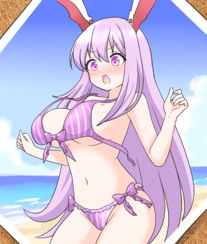 1girl alternate_costume animal_ears beach bikini blue_sky blush bow bow_bikini breasts cloud commentary_request day embarrassed highres large_breasts long_hair navel ocean open_mouth outdoors paid_reward_available purple_bikini purple_eyes purple_hair rabbit_ears rabbit_girl reisen_udongein_inaba sky solo stomach striped_bikini striped_clothes swimsuit touhou untied_bikini_top very_long_hair wardrobe_malfunction zenji029