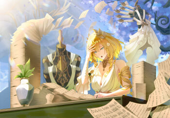 1girl absurdres aglaea_(honkai:_star_rail) bare_shoulders blonde_hair blue_sky breast_tattoo breasts colored_inner_hair commentary_request day dress exhausted felfia garmentmaker_(honkai:_star_rail) green_eyes hand_on_own_head head_wreath highres honkai:_star_rail honkai_(series) large_breasts multicolored_hair nail_polish open_mouth paper_stack paperwork short_hair sky tattoo white_dress yellow_nails