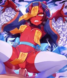 1boy 1girl black_hair black_nails breasts breasts_out chinese_clothes clenched_teeth colored_skin cum cum_in_pussy cum_overflow dark-skinned_male dark_skin demon_girl detached_sleeves frilled_sleeves frills hat hetero highres horns jiangshi jiangshi_costume long_hair medium_breasts meruccubus_(merunyaa) merunyaa ofuda ofuda_on_head ofuda_on_nipples oni original outstretched_arms pasties penis pointy_ears purple_hat qingdai_guanmao red_eyes red_oni red_skin red_tail revealing_clothes rolling_eyes sex skin-covered_horns solo_focus teeth thighhighs uncensored vaginal white_thighhighs