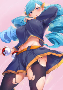 1girl ace_trainer_(female)_(pokemon_bw) ace_trainer_(pokemon) black_pantyhose blue_eyes blue_hair commentary_request covered_erect_nipples drill_hair flying_sweatdrops from_below hair_ornament hairclip highres hinasaki_you holding holding_poke_ball long_hair long_sleeves looking_down midriff navel nintendo open_mouth pantyhose pink_background poke_ball pokemon pokemon_bw shirt simple_background skirt solo sweat torn_clothes torn_pantyhose twin_drills twintails upskirt very_long_hair waist_poke_ball