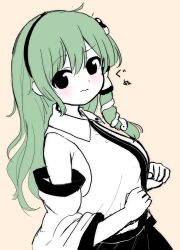 Rule 34 | braid, chibi, clenched hand, collared shirt, detached sleeves, frog hair ornament, green hair, hair ornament, hair tubes, headgear, highres, kochiya sanae, looking at viewer, nontraditional miko, partially colored, rei (tonbo0430), ribbon-trimmed sleeves, ribbon trim, shirt, single braid, skirt, snake hair ornament, tagme, touhou, white shirt, yellow background