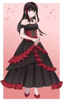 1girl alternate_costume black_dress black_hair blue_eyes breasts commentary_request dress full_body gem happy high_heels highres kurosawa_dia long_hair long_sleeves looking_at_viewer love_live! love_live!_sunshine!! medium_breasts monocle my_234_wht open_mouth pink_background smile standing teeth