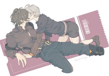 Rule 34 | 2boys, bakurobingi, belt, belt buckle, bilingual commentary, black belt, black male underwear, black pants, black shirt, buckle, collared shirt, commentary, commentary request, cropped legs, english commentary, grey hair, grey shirt, grey socks, highres, kiss, layered sleeves, leaning back, lighter (zenless zone zero), long sleeves, looking at another, male focus, male underwear, mixed-language commentary, multiple boys, open collar, pants, shirt, short over long sleeves, short sleeves, socks, underwear, wing collar, wise (zenless zone zero), yaoi, zenless zone zero