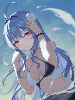 1girl absurdres ahoge azur_lane bare_arms bikini black_bikini blue_hair blurry blurry_background bracelet collarbone covered_navel criss-cross_halter day floating_hair flower hair_flower hair_intakes hair_ornament halterneck helena_(azur_lane) helena_(shimmering_triangle_wave)_(azur_lane) highres jewelry long_hair multicolored_bikini ocx121212 outdoors partially_submerged red_eyes solo swimsuit two-tone_bikini upper_body very_long_hair white_bikini white_flower
