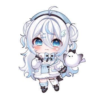 Rule 34 | 1girl, antennae, asymmetrical legwear, beret, black shoes, blue eyes, blue hair, blue hat, blue skirt, blue socks, blush, chibi, chitetan, closed mouth, commentary request, copyright request, dotted line, double bun, full body, hair bun, hair intakes, hair ornament, hairclip, hand up, hat, heart, high heels, jacket, long sleeves, looking at viewer, mismatched legwear, multicolored hair, open clothes, open jacket, puffy long sleeves, puffy sleeves, shirt, shoes, simple background, skirt, sleeves past wrists, socks, solo, streaked hair, tears, virtual youtuber, watermark, wavy mouth, white background, white hair, white jacket, white shirt, white socks