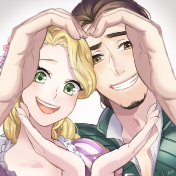 Rule 34 | 1boy, 1girl, :d, ano (sbee), artist name, beard, blonde hair, braid, brown eyes, brown hair, close-up, couple, disney, dress, eyelashes, facial hair, fingernails, flower, flynn rider, green eyes, grey background, hair flower, hair ornament, happy, heart, heart hands, hetero, long hair, looking at viewer, open mouth, purple dress, rapunzel (disney), shirt, short hair, simple background, smile, tangled, vest, waistcoat, white shirt