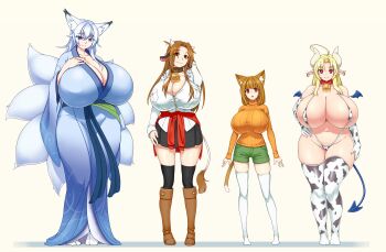 4girls animal_ears animal_print bare_shoulders bell bikini black_skirt blonde_hair boots breasts brown_eyes brown_hair bursting_breasts byakusen_(amabiko_kote) cat_ears cat_girl cat_tail character_request cleavage collar collarbone colored_eyelashes cow_ears cow_girl cow_horns cow_print cow_tail cowbell curvy demon_girl demon_tail demon_wings dot_nose facing_viewer fox_ears fox_girl fox_tail full_body futon7979 gigantic_breasts green_shorts hair_between_eyes hand_on_head hand_on_own_chest hand_on_own_hip haruka_(muneneko) highres horns huge_breasts japanese_clothes kimono long_sleeves looking_at_viewer mattie_(ego_trigger) micro_bikini miniskirt monster_girl multiple_girls multiple_tails pointy_ears purple_eyes red_eyes shadow shirt short_shorts shorts silver_hair size_difference skirt slingshot_swimsuit smile standing sweater swimsuit tail taut_clothes taut_shirt taut_sweater thick_thighs thighs white_background white_legwear white_shirt wide_hips wide_sleeves wings