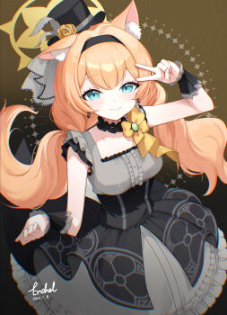 1girl animal_ear_fluff animal_ears black_hairband black_hat black_headband black_overskirt blue_archive blue_eyes blush cat_ears choker closed_mouth commentary dress encheru_(th-sto) flower fluffy_hair frilled_choker frills grey_dress grey_feathers hairband halo hat hat_flower headband highres idol idol_clothes long_hair looking_at_viewer low_twintails mari_(blue_archive) mari_(idol)_(blue_archive) mini_hat mini_top_hat official_alternate_costume orange_hair rose smile solo top_hat twintails v yellow_flower yellow_halo yellow_rose