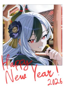 1girl 2026 artist_name black_choker black_flower black_hair black_horns black_kimono blue_archive bright_pupils choker commentary demon_horns earclip english_commentary fake_photograph flower grey_halo grin hair_flower hair_ornament hairclip halo hand_up happy_new_year highres horns japanese_clothes kayoko_(blue_archive) kayoko_(new_year)_(blue_archive) kimono long_hair looking_at_viewer looking_to_the_side multicolored_hair new_year official_alternate_costume portrait red_eyes shi_draco signature smile twitter_username two-tone_hair white_hair white_pupils