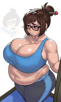 1girl artist_request belly black-framed_eyewear black_leggings blue_leggings blue_sports_bra blush breasts brown_eyes brown_hair cleavage delucksdx doorway embarrassed fat fat_woman glasses hair_bun hair_ornament hair_stick hair_tie huge_breasts leggings mei_(overwatch) navel overwatch single_hair_bun solo sports_bra standing white_background