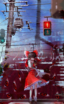1girl absurdres black_hair bow brown_shoes commentary_request dedemaru detached_sleeves distortion extra_eyes hair_bow hakurei_reimu highres horror_(theme) long_hair looking_at_viewer necktie outdoors pointing pointing_at_viewer red_bow red_eyes red_hair red_shirt red_skirt shirt shoes sidelocks skirt socks solo touhou traffic_light white_socks wide_sleeves yellow_necktie