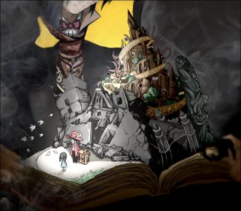 1boy 1girl bird black_cloak black_pants book bow bowtie chibi child chinese_commentary city cloak commentary_request dove dress eyeball fog green_dress hidden_face hood hooded_cloak jacket klein_moretti lord_of_the_mysteries machine merlin_hermes monster open_book out_of_frame pants qilaiqiaodaima red_bow red_bowtie red_headwear red_jacket ruins scarf shirt short_hair tower twintails white_shirt