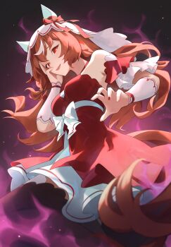 1girl absurdres animal_ears aura black_thighhighs bow breasts brown_hair commentary detached_sleeves dress ear_covers ear_ribbon english_commentary hair_between_eyes hair_ornament hand_on_own_cheek hand_on_own_face highres horse_ears horse_girl horse_tail long_hair open_mouth red_dress red_eyes ribbon smile solo still_in_love_(scarlet_vow_raiment)_(umamusume) still_in_love_(umamusume) tail thighhighs tiri umamusume veil white_veil