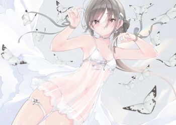 1girl breasts bridal_lingerie brown_eyes brown_hair bug butterfly choker cowboy_shot dot_nose grey_background hair_ribbon insect inubouzaki_(i_nu1515) jewelry lingerie long_hair navel nightgown original panties ribbon ribbon_choker ring simple_background small_breasts solo thigh_gap thigh_strap thighs underwear very_long_hair white_nightgown white_panties