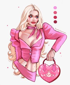 Rule 34 | 1girl, absurdres, alternate costume, arm behind back, artist name, bag, barbie (character), barbie (franchise), barbie (live action), barbie mugshot (meme), blue eyes, bow, bow choker, breasts, choker, cleavage, closed mouth, color guide, cropped arm, cropped torso, eyeshadow, fashion, forehead, glitter makeup, handbag, heart-shaped bag, highres, jewelry, juliet sleeves, light blush, long hair, long sleeves, looking to the side, makeup, margot robbie, medium breasts, meme, midriff, mole, mole on breast, mole on forehead, mole on stomach, mole under each eye, mole under eye, multiple moles, parted bangs, pink bow, pink eyeshadow, pink lips, pink shirt, pink skirt, puffy sleeves, realistic, ring, shirt, skirt, thick eyebrows, thick lips, very long hair, vivienne westwood, wavy hair, white background, zeebythesea