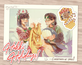 1000xresist 2girls alt_text blush bob_cut brown_hair candy candy_cane christmas_sweater closed_eyes commentary commission couch earrings english_commentary food gingerbread_man glasses grin hair_ornament happy_holidays highres holding holding_stuffed_toy holding_unworn_clothes hood hoodie iris_kwan jewelry jiao_(1000xresist) medium_hair multiple_girls open_mouth photo_(object) red_sweater round_eyewear short_hair sitting smile spilled_te sticker stuffed_animal stuffed_toy stuffed_whale sweater tumblr_username yellow_hoodie