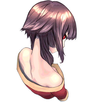 1girl bare_shoulders breasts commentary_request downblouse dress from_above from_behind highres kono_subarashii_sekai_ni_shukufuku_wo! kurota_snana9241 looking_at_viewer megumin nipple_slip nipples short_hair_with_long_locks small_breasts