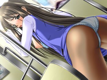 Rule 34 | 1girl, 2000s (style), against door, ass, black hair, blue bra, blue skirt, blue vest, blush, bra, bra pull, breasts, clothes lift, clothes pull, cowboy shot, dutch angle, game cg, green eyes, half-closed eyes, hands up, kawahara emi, large variant set, leaning forward, long hair, long sidelocks, m&amp;m (mickey and mackey), medium breasts, nipples, open clothes, open vest, panties, panties under pantyhose, pantyhose, pencil skirt, raised inner eyebrows, saishuu chikan densha, saishuu chikan densha (series), shirt, sidelocks, skirt, skirt lift, solo, standing, third-party source, train interior, underwear, variant set, vest, white panties, white shirt