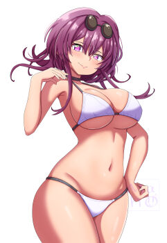 1girl absurdres bikini black_choker breasts choker commentary_request cowboy_shot eyewear_on_head highres honkai:_star_rail honkai_(series) kafka_(honkai:_star_rail) large_breasts looking_at_viewer maho_(corotonton5150) navel purple_eyes purple_hair round_eyewear short_hair simple_background smile solo stomach sunglasses swimsuit thighs underboob white_background white_bikini