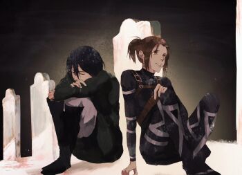 2girls black_bodysuit black_hair bodysuit breasts brown_eyes brown_hair chest_harness closed_eyes facial_scar full_body graveyard hair_between_eyes hand_on_own_knee harness highres hugging_own_legs medium_breasts medium_hair mikasa_ackerman multiple_girls parted_bangs parted_lips ponytail sasha_blouse scar scar_on_cheek scar_on_face shingeki_no_kyojin short_hair sitting smile teeth tombstone ynhu499830