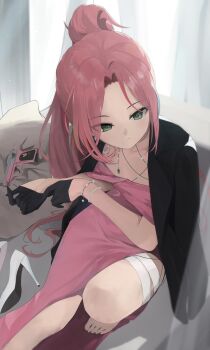 1girl adjusting_clothes adjusting_gloves barefoot black_gloves bracelet closed_mouth commentary dress facing_viewer gloves green_eyes green_hair gun half_gloves hanako_nana high_heels highres indoors jacket jacket_on_shoulders jageunson jewelry long_hair multicolored_hair pink_dress pink_hair ponytail shoes solo stellive streaked_hair symbol-only_commentary unworn_shoes very_long_hair virtual_youtuber weapon white_shoes