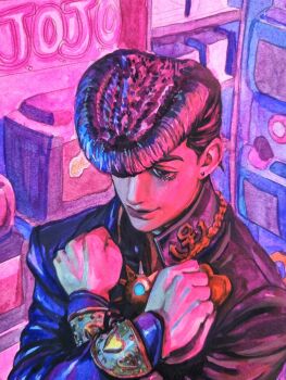 1boy anchor_ornament black_hair black_jacket closed_mouth diamond_wa_kudakenai gakuran higashikata_josuke highres jacket jojo_no_kimyou_na_bouken male_focus pompadour santamanymany school_uniform short_hair solo