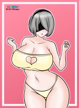 1girl 2b_(nier:automata) blindfold breasts daatdraws grey_hair large_breasts nier:automata nier_(series) short_hair swimsuit