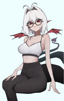 1girl absurdres anemoneeanemone antenna_hair bare_arms bare_shoulders black-framed_eyewear blue_background breasts collarbone crossed_legs demon_tail demon_wings fang fang_out faye_(vtuber) hair_between_eyes hair_intakes hand_on_own_thigh highres indie_virtual_youtuber long_pointy_ears looking_at_viewer medium_breasts midriff mole mole_on_breast mole_on_neck mole_under_mouth pointy_ears red_eyes round_eyewear short_hair simple_background sitting smile solo tail thick_tail virtual_youtuber white_hair wings