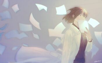 Rule 34 | 1girl, \||/, black hair, black shirt, bob cut, coat, collared shirt, covering own mouth, cowboy shot, eonsuena, falling paper, han sooyoung, han sooyoung (1863rd turn), hashtag-only commentary, highres, omniscient reader's viewpoint, open clothes, open coat, shirt, short hair, solo, white coat