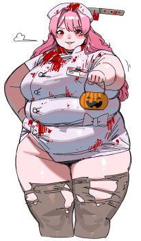1girl basket black_panties blood_on_clothes blush brown_thighhighs fat fat_rolls fat_woman hair_intakes halloween halloween_costume hat holding holding_basket id_card kitchen_knife knife knife_in_head lips long_hair nurse_cap nurse_outfit object_through_head original panties panty_peek pink_hair pumpkin red_eyes shirt smile solo standing thick_thighs thighhighs thighs tight_clothes torn_clothes torn_thighhighs trick_or_treat underwear utoka white_background white_shirt