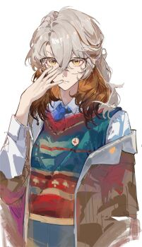 Rule 34 | 1other, absurdres, adjusting eyewear, blue necktie, brown hair, brown jacket, closed mouth, collared shirt, glasses, green vest, hand up, highres, jacket, looking at viewer, medicine pocket, medicine pocket (the cosmos photographer), medium hair, meiyou lizhi, multicolored hair, necktie, off shoulder, official alternate costume, red vest, reverse:1999, shirt, solo, sweater vest, two-tone hair, two-tone vest, upper body, vest, white background, white shirt, yellow eyes