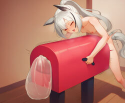 1futa animal_ears arknights black_hair breasts breeding_mount closed_eyes completely_nude futanari futanari_masturbation grani_(arknights) grey_hair highres horse_ears horse_girl horse_tail long_hair masturbation multicolored_hair nipples nude open_mouth ponytail small_breasts solo standing streaked_hair tail tongue tongue_out zoryc