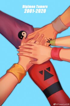 Rule 34 | absurdres, blue background, bridal gauntlets, claws, commentary request, copyright name, digimon, digimon tamers, fingernails, guilmon, hand focus, highres, lee jianliang, makino ruki, matsuda takato, powerlesssong, renamon, simple background, terriermon, wristband, yin yang