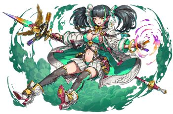 Rule 34 | 1girl, black hair, bra, breasts, cleavage, full body, green bra, huge breasts, menoa (p&amp;d), multicolored hair, navel, official art, orange eyes, polearm, puzzle &amp; dragons, skirt, solo, spear, streaked hair, thick thighs, thighhighs, thighs, twintails, underwear, weapon