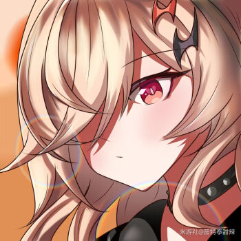 1girl black_choker blonde_hair chenxue_(astralop) chenxue_(honkai_impact) choker hair_ornament hair_over_one_eye honkai_(series) honkai_impact_3rd long_hair looking_at_viewer official_alternate_costume official_alternate_hair_length official_alternate_hairstyle red_eyes