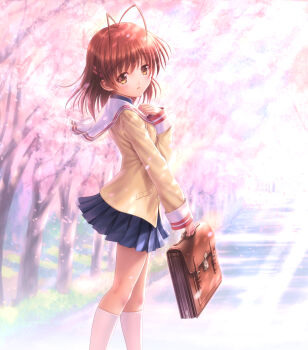 Rule 34 | 1girl, antenna hair, bag, blue skirt, brown eyes, brown hair, cherry blossoms, clannad, commentary request, feet out of frame, furukawa nagisa, goto p, highres, hikarizaka private high school uniform, jacket, sailor collar, school bag, school uniform, serafuku, short hair, skirt, socks, solo, standing, tree, white sailor collar, white socks, yellow jacket