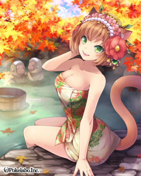 1girl animal animal_ears autumn autumn_leaves breasts brown_hair bucket cat_ears cat_tail cleavage female_focus flower green_eyes hair_flower hair_ornament hairband hinariaoba japanese_macaque large_breasts leaf monkey naked_towel onsen original short_hair sitting smile solo tail towel water wooden_bucket