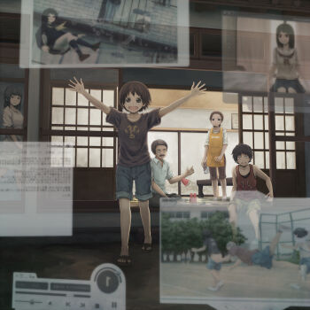 2boys 3girls apron ass assisted_exposure barefoot beer_can black_eyes black_hair brown_eyes brown_hair can clothes_writing collared_shirt commentary drink_can dropping facial_hair falling family floating_screen food fruit fusuma happy highres holding long_hair mirrored_text multiple_boys multiple_girls mustache open_mouth original pants pantsing partially_translated running sandals school_uniform serafuku shirt shoes short_hair short_sleeves shorts sitting sliding_doors slippers smile sneakers standing surprised t-shirt tank_top text_focus translation_request watermelon yajirushi_(chanoma)